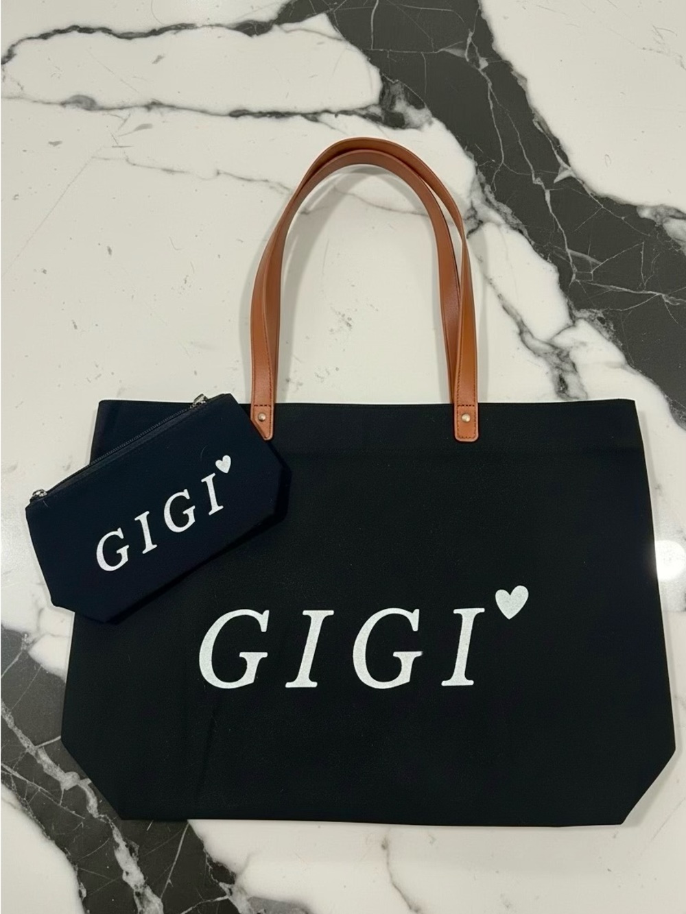 “GIGI” Black Canvas Tote with Brown Leather Handles